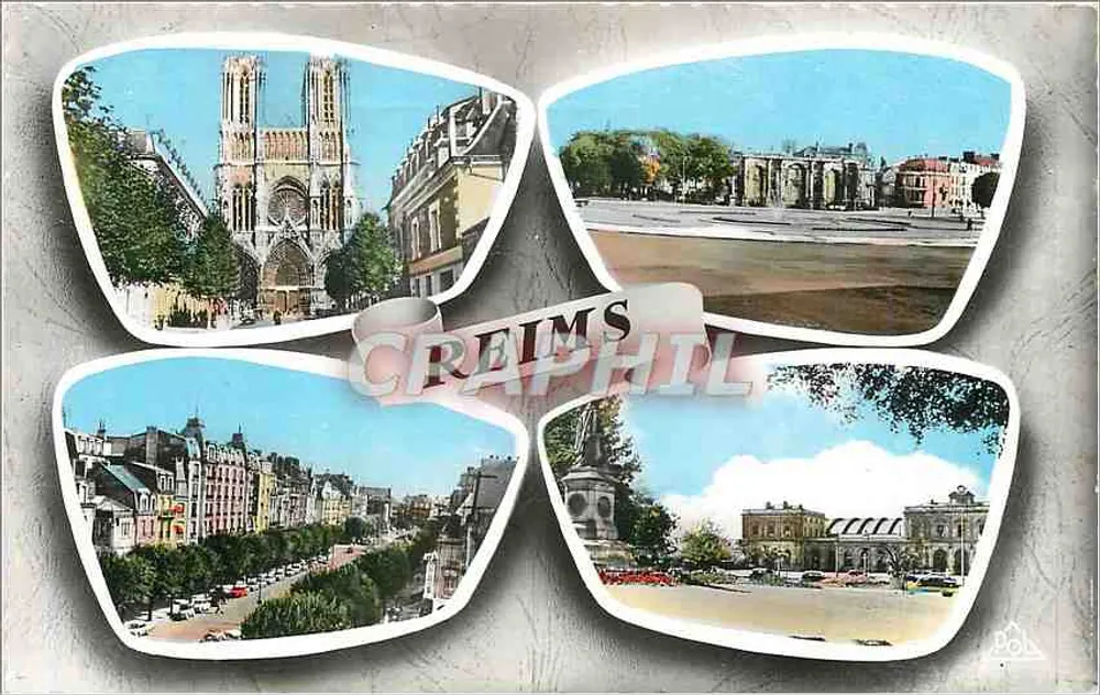Reims — Quatro vistas : Catedral, Praça da República, Porta Mars, Praça Colbert e Estação — Editor Jacques Fréville, n°54 - Frente