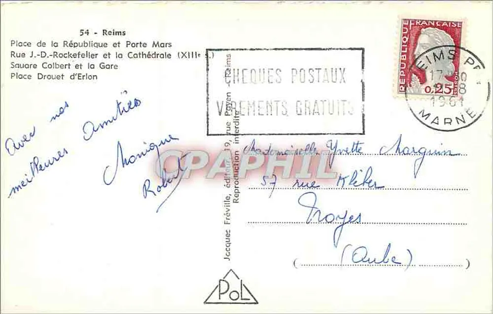 Reims — Quatro vistas : Catedral, Praça da República, Porta Mars, Praça Colbert e Estação — Editor Jacques Fréville, n°54 - Verso