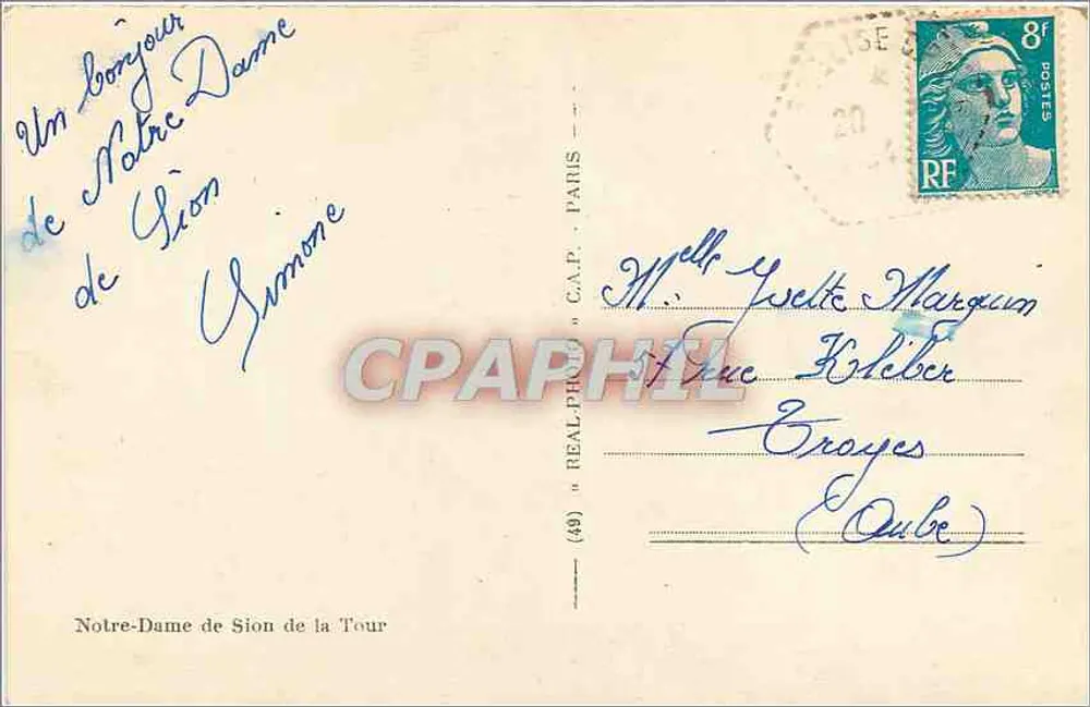 Notre-Dame de Sion de la Tour — estátua da Virgem com auréola de estrelas — editor 'REAL-PHOTO' n°(49) - Verso