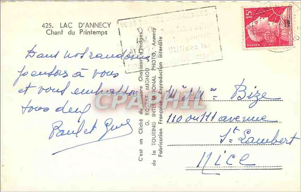 Lago d'Annecy — Cantar da Primavera — G. ROSAT, Cantar da Primavera, Annecy - Verso