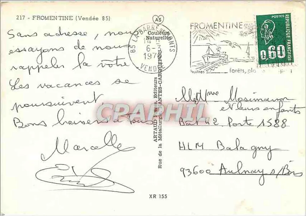 Fromentine — Folklore Maraichin, die Anlegestelle der Île d'Yeu, das Mühle Saint-Esprit, die Brücke von Noirmoutier, der Strand, die Bégoates — Verlag APTAUD 1977 - Rückseite