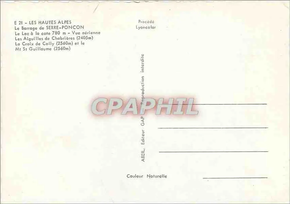 Las Altas Alpes — Presa de Serre-Ponçon — vista aérea — editor ABEL, n° E 21 - Reverso