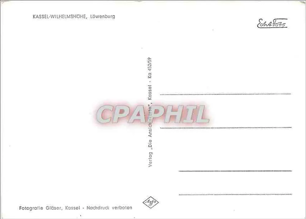 Kassel-Wilhelmschöhe, Löwenburg — castelo iluminado — Fotografia Gläser, Kassel, n° 452/59 - Verso