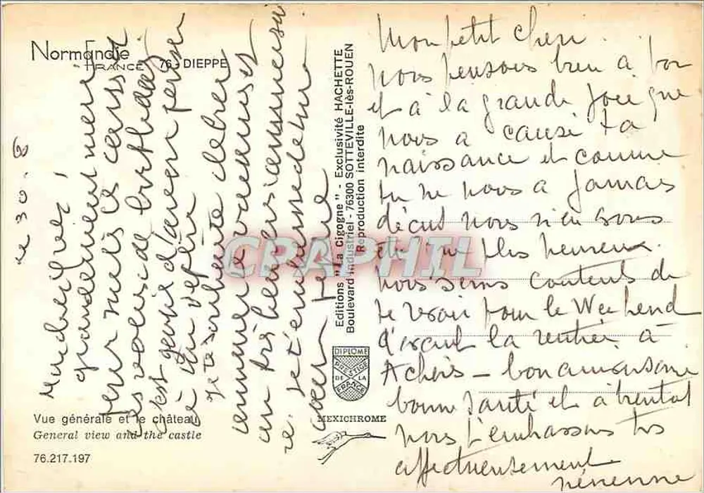 Vista general y el castillo — Dieppe, Normandía — Ediciones La Cigogne - Reverso