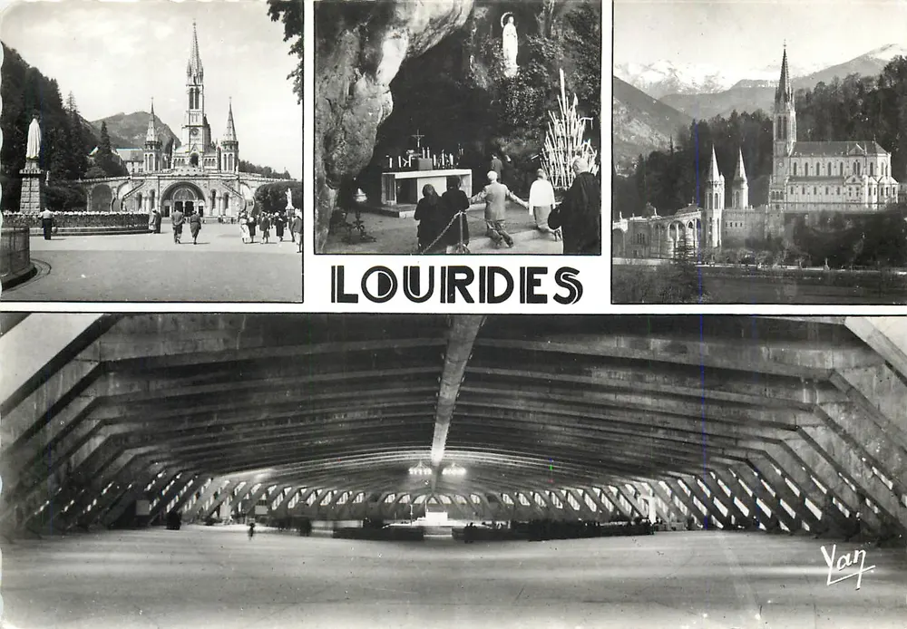 Lourdes — Eingang zum Rosenkranz, Grotte, Basilika, Berge — Verlag Yan - Vorderseite
