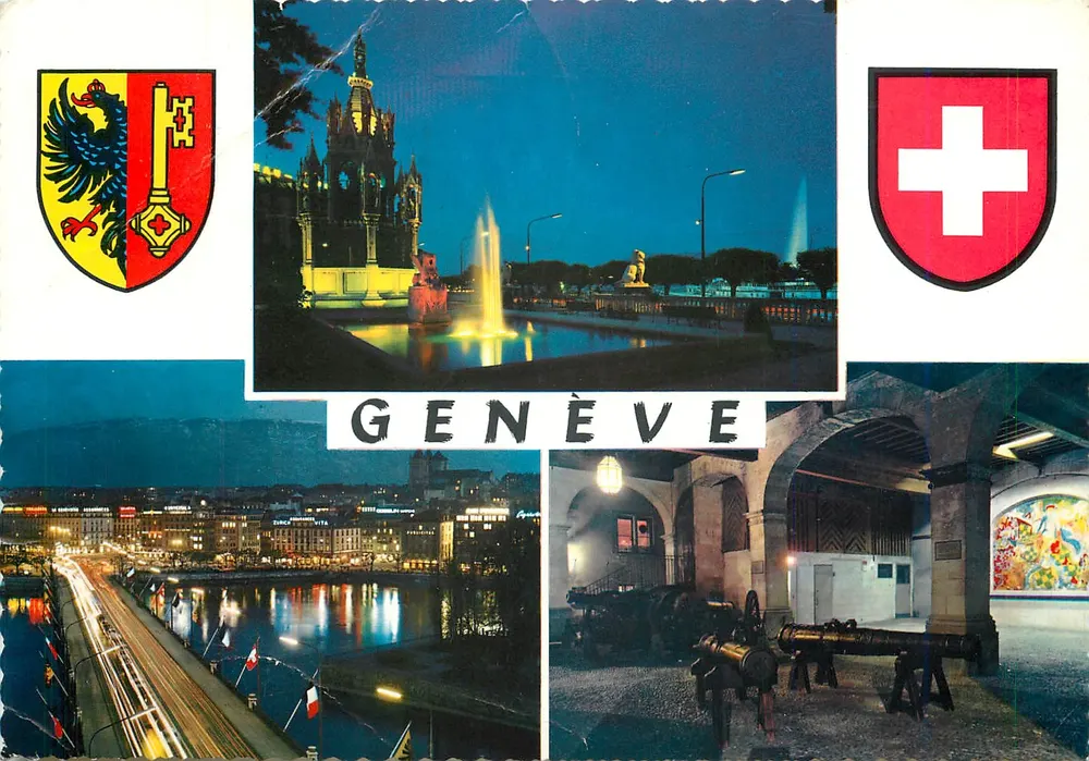 Genebra — vista noturna com fonte, cidade e canhões — editor Cabel - Frente