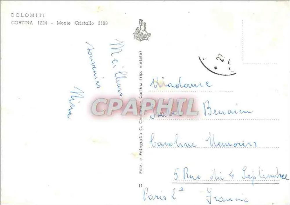 Cortina d'Ampezzo — Monte Cristallo — Ed. Fotografia G. Cinellia n°11 - Achterkant