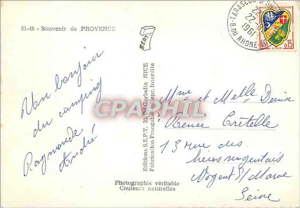 Lavanda, capela, arco romano e moinho de vento — Lembrete de Provença — Éditions S.E.P.T. NICE - Verso