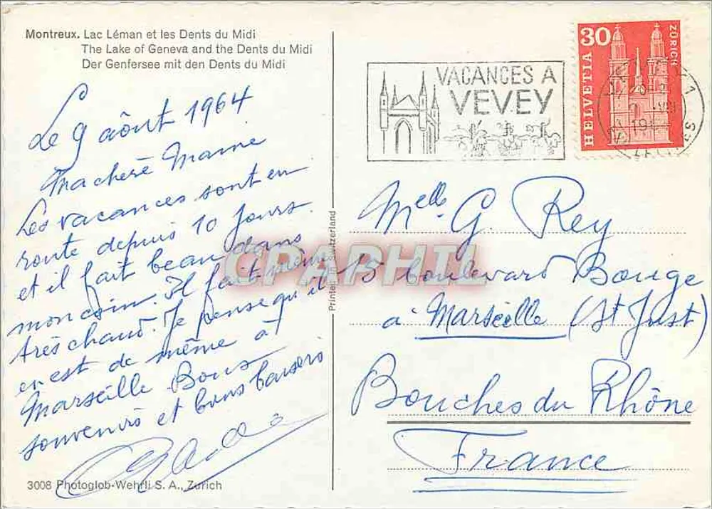 Montreux - See Léman und die Dents du Midi — Photoglob-Wehrli S.A., Zürich, n°3008 - Rückseite