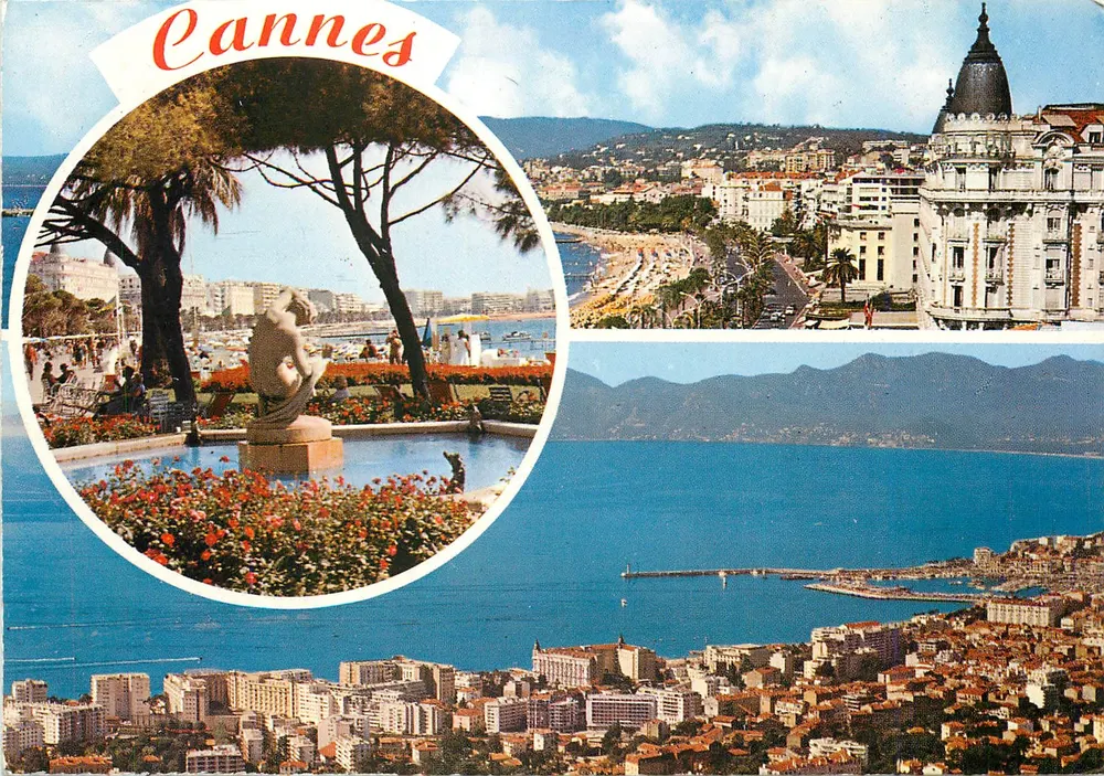 Cannes — vista panorâmica e jardim com estátua — editor desconhecido, n° de série 108 - Frente