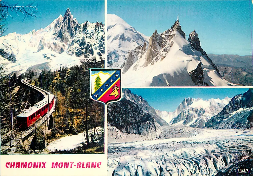 Chamonix Mont-Blanc — Panoramablick mit Zug und Gletschern — Verlag IRIS - Vorderseite