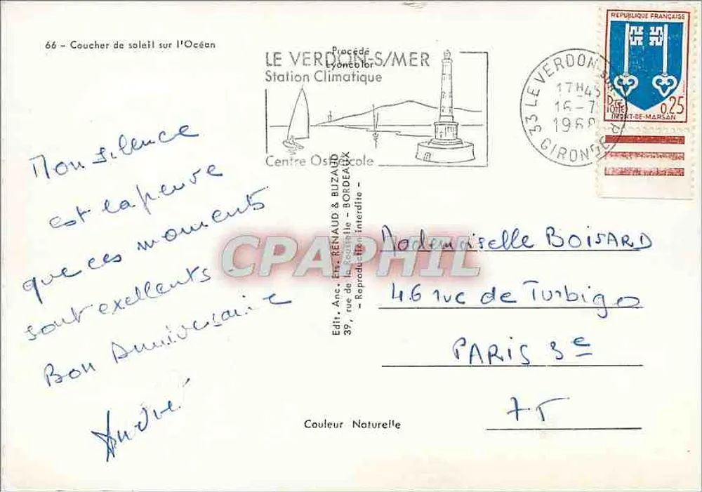 Pôr do sol sobre o Oceano — 66 — Ed. Anc. Renaud & Buzaud, Centro Oceanoográfico — Le Verdon-sur-Mer - Verso