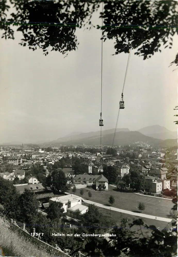 Hallein mit der Dürrnbergseilbahn — vista panorâmica — Verlag Foto Film Austria, n° 12577 - Frente