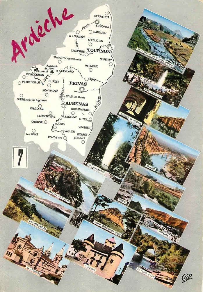 Ardèche — Carte postal turística com mapa e vignetas — EKTACAP - Frente