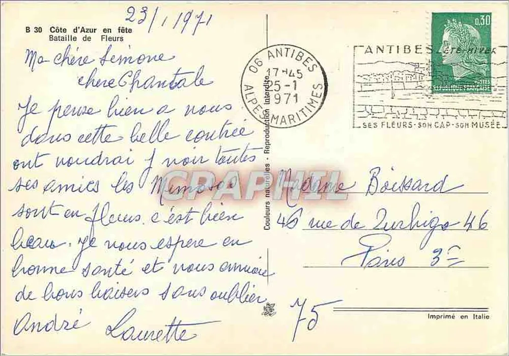 Batalha de Flores — Antibes — Impresso na Itália - Verso