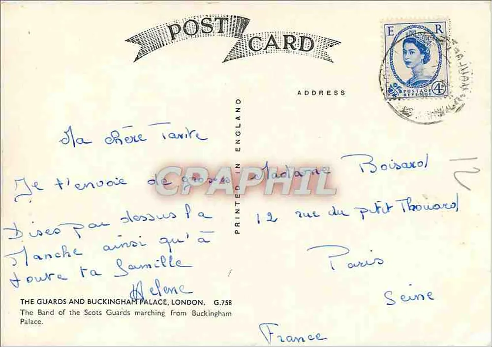 A Banda dos Scots Guards diante do Palácio de Buckingham — G.758 — Impressa na Inglaterra - Verso