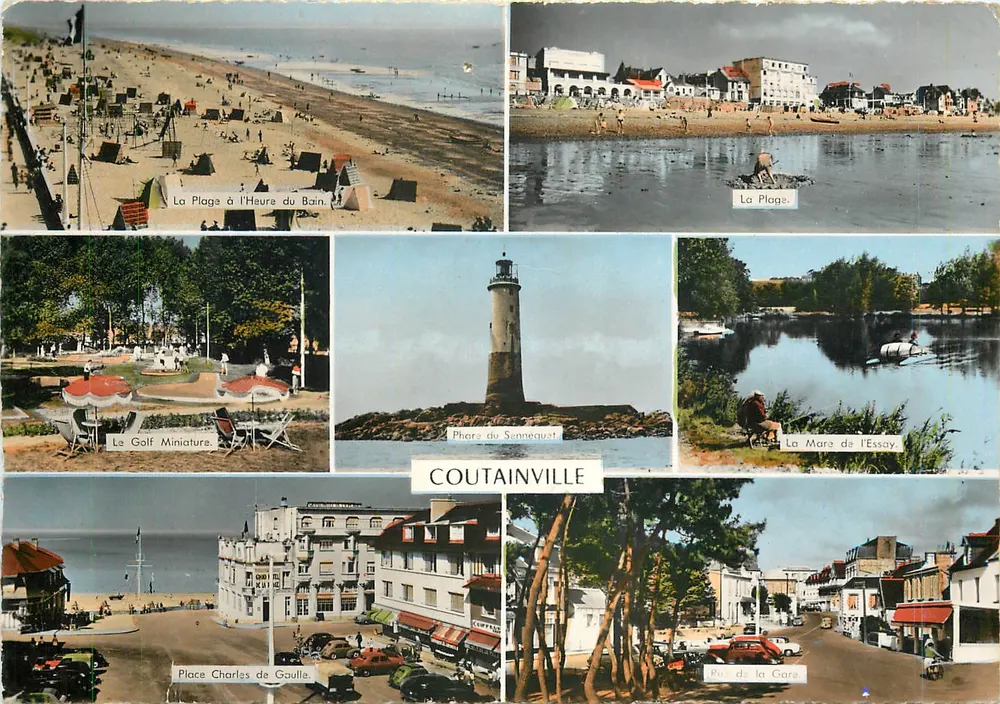 Coutainville — Panoramablick mit Strand, Leuchtturm, Golfplatz und Platz — Éditions Gaby - Vorderseite