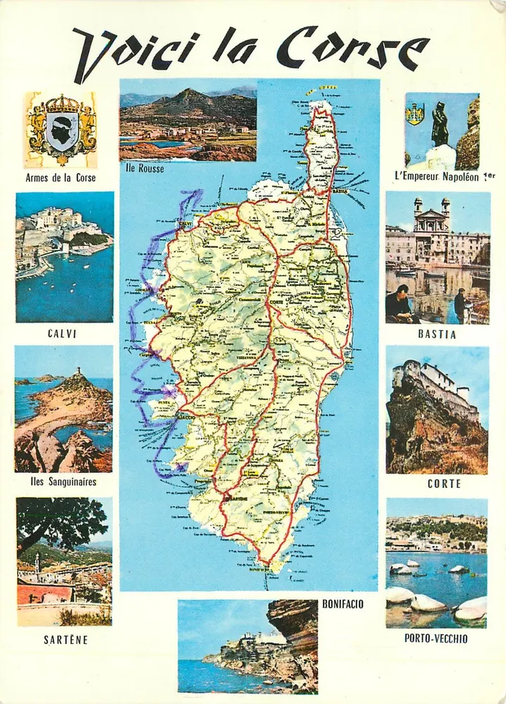 Aqui está a Corse — Carta postal turística com mapa e fotos de locais — Éditions La Cigogne - Frente