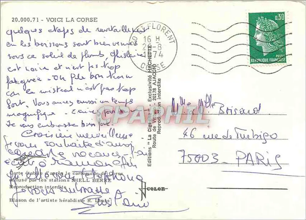 Aqui está a Corse — Carta postal turística com mapa e fotos de locais — Éditions La Cigogne - Verso