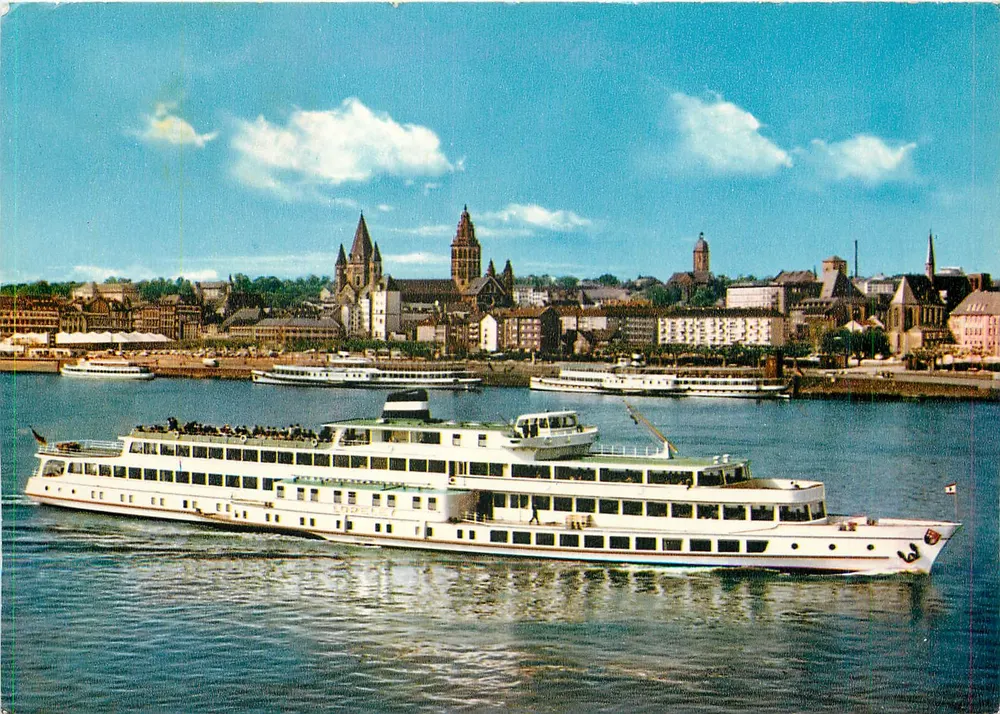 M.S. "LORELEY" no rio Reno — vista de Mainz — editor Georg Stilke GmbH, Köln - Frente