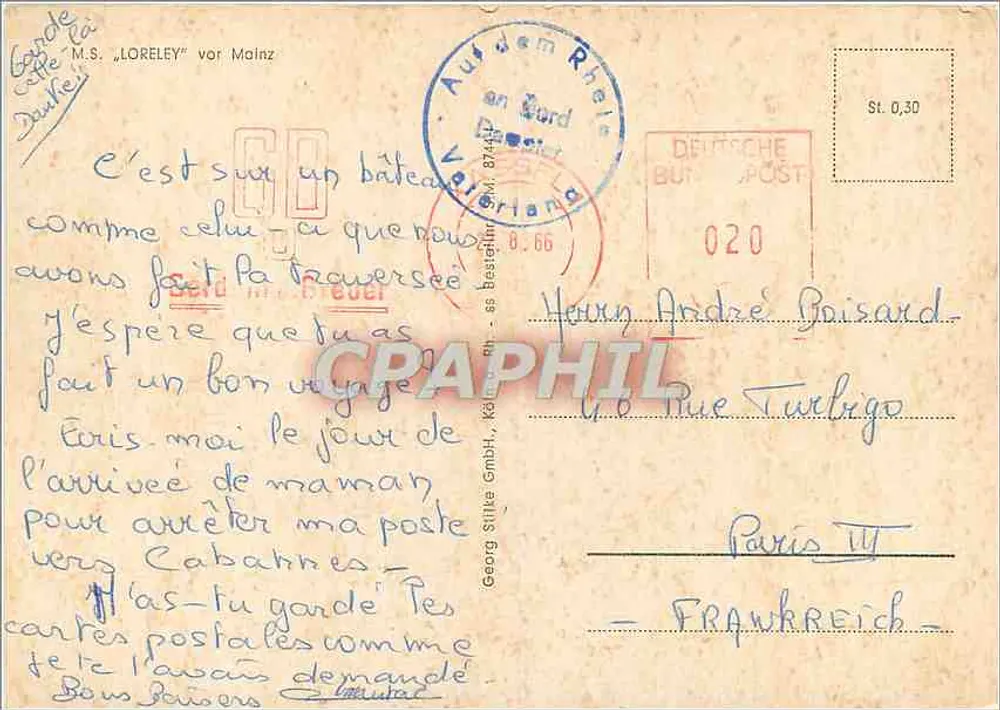 M.S. "LORELEY" no rio Reno — vista de Mainz — editor Georg Stilke GmbH, Köln - Verso
