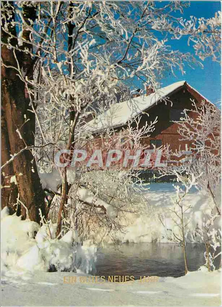 Paisagem invernal nevada — casa de madeira e rio congelado — texto 'Ein schönes neues Jahr' — editor não identificado - Frente