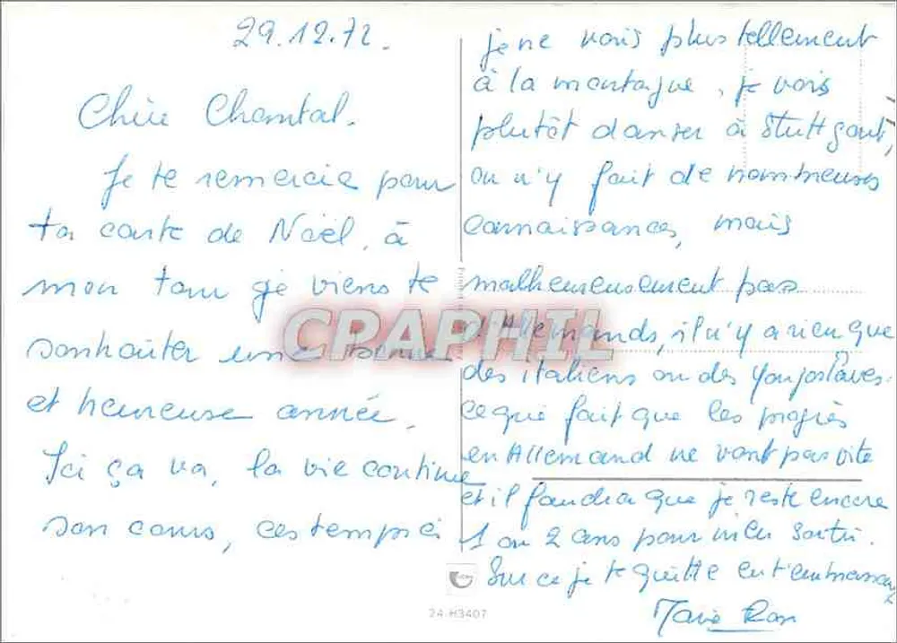 Paisagem invernal nevada — casa de madeira e rio congelado — texto 'Ein schönes neues Jahr' — editor não identificado - Verso