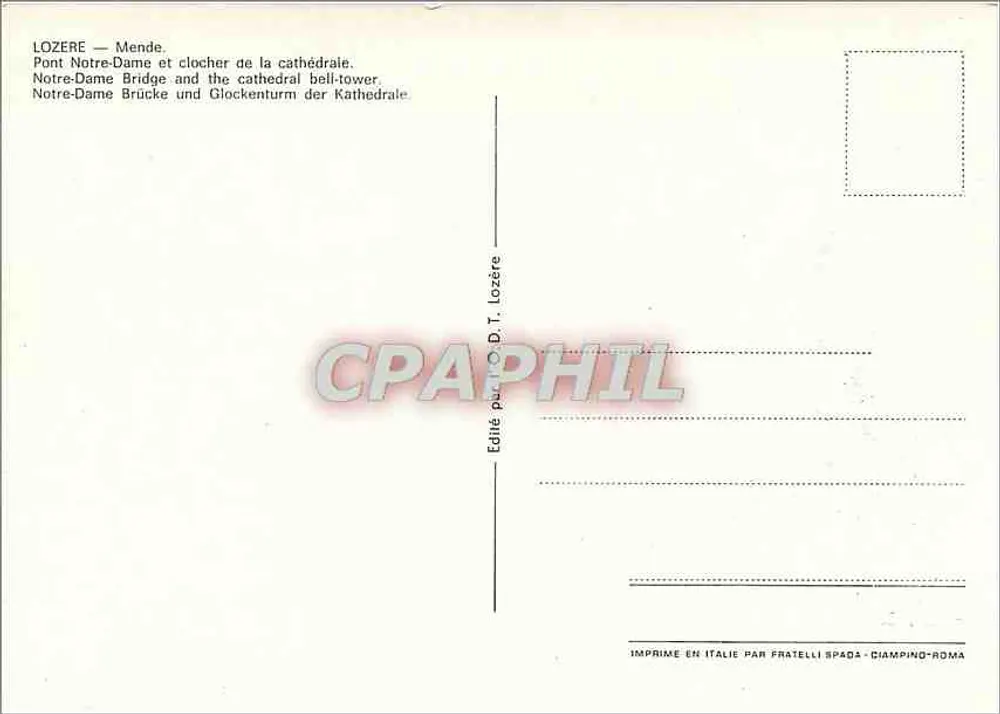 Lozère — Mende — Brücke Notre-Dame und Kirchturm der Kathedrale. Verlag D.T. Lozère. - Rückseite