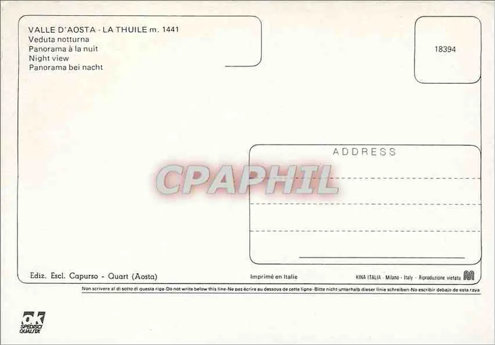 Valle d'Aosta - La Thuile m. 1441 — Nachtsicht — Ediz. Escl. Capurso - Quart (Aosta) n° 18394 - Rückseite