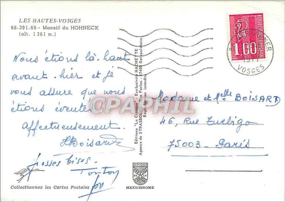 Les Hautes-Vosges — Massif du Hohneck (Höhe 1361 m.) — Éditions 'La Crimée' - Agence de Strasbourg - Rückseite