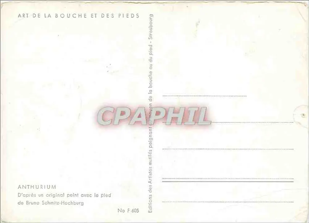 Anthurium — pintado com o pé — Éditions des Artistes Mullés, No F 605 - Verso