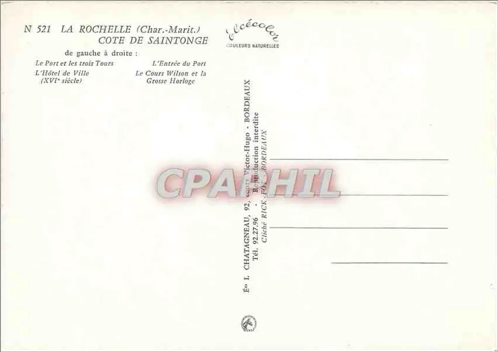 La Rochelle — Costa de Saintonge — Editor Élèe, n° 521 - Verso