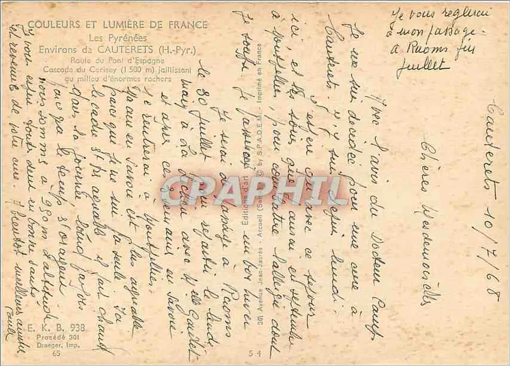 Wasserfall Coricey — Pyrenäen — Editionen S.F.A.D.E.M. n° 361 - Rückseite