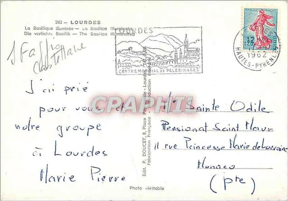 A Basílica iluminada — Lourdes — Editor P. Doucet & Lourdes, n° 242 - Verso
