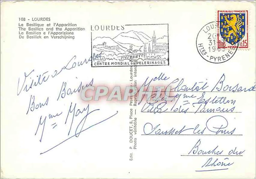 Lourdes — Aparecimento da Virgem — Ed. P. Doucet, n°108 - Verso