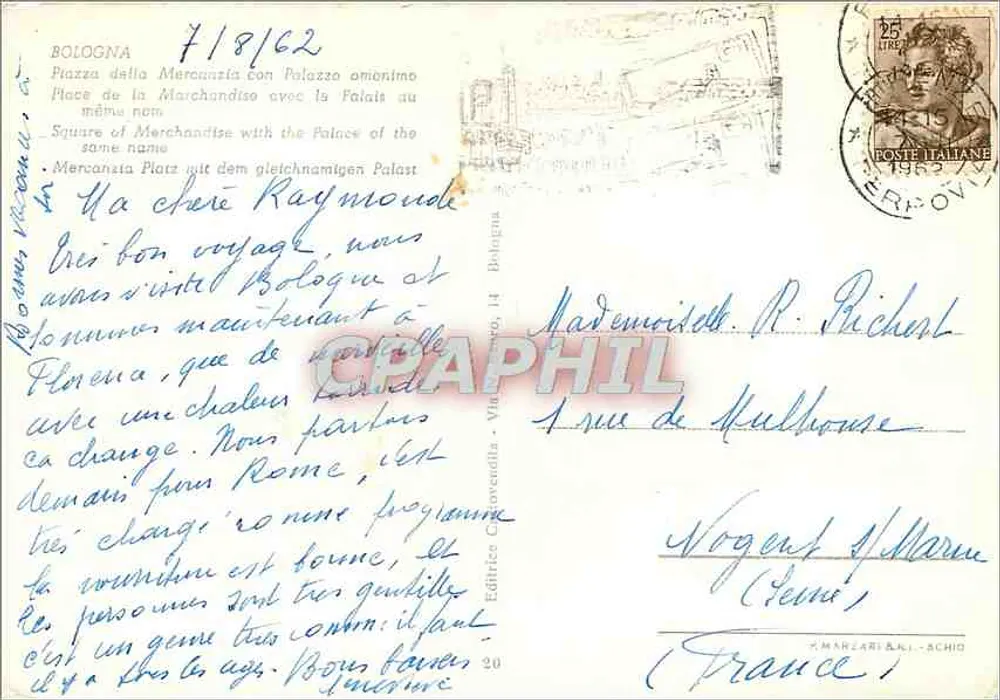 Bologne - Piazza della Mercanzia avec le Palazzo Mercanzia — Éditeur A. MANZARI & C. SCHIO - Verso