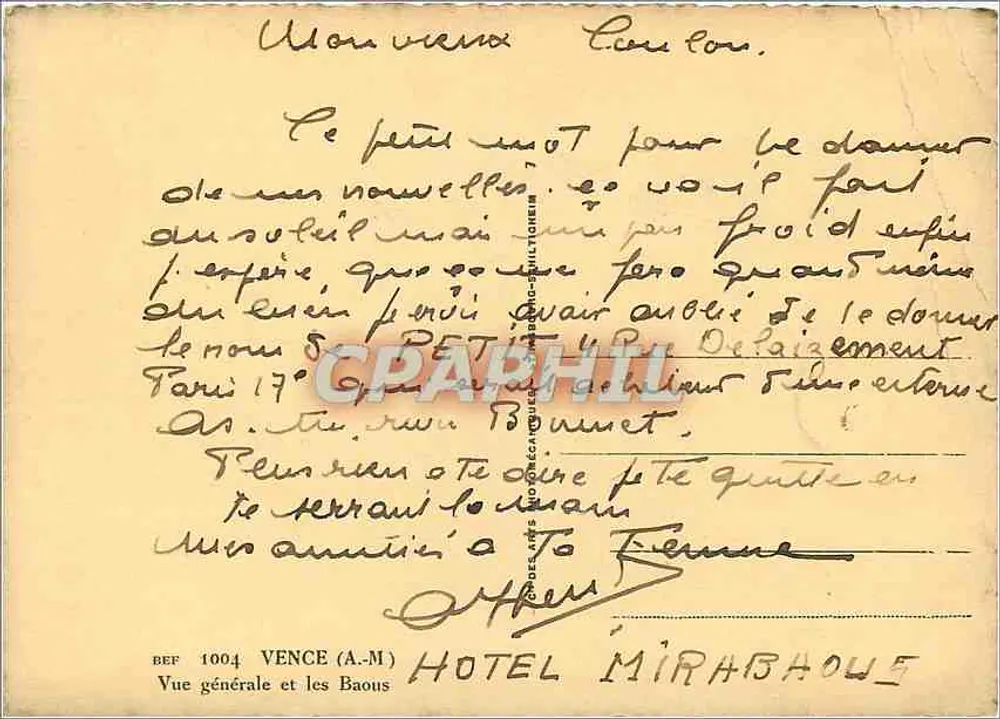 Vista geral de Vence e os Baous — Hotel Miraboules, Vence (A-M) — Bef 1004 - Verso