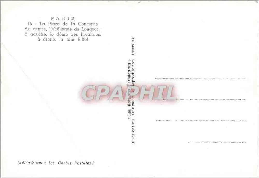 Paris - Praça da Concórdia — vista panorâmica com o Obelisco, os Inválidos e a Torre Eiffel — Les Éditions Parisiennes - Verso