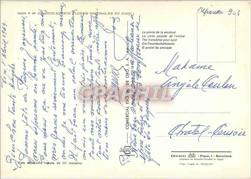 Bouquet de rosas — variedades vermelhas, rosas e amarelas — Edições Piqué, S.A., série K n°112 - Verso