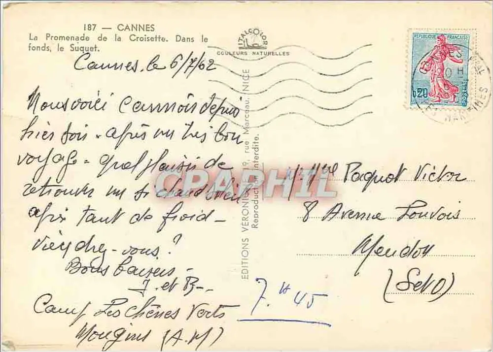 Cannes — Die Promenade de la Croisette. Im Hintergrund der Suquet — Editions Veronique, n° 187 - Rückseite