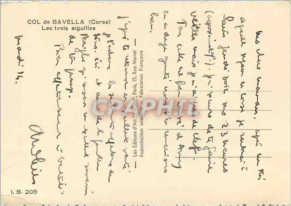 COL DE BAVELLA (Córsega) — As três agulhas — Les Éditions d'Art, Paris - Verso