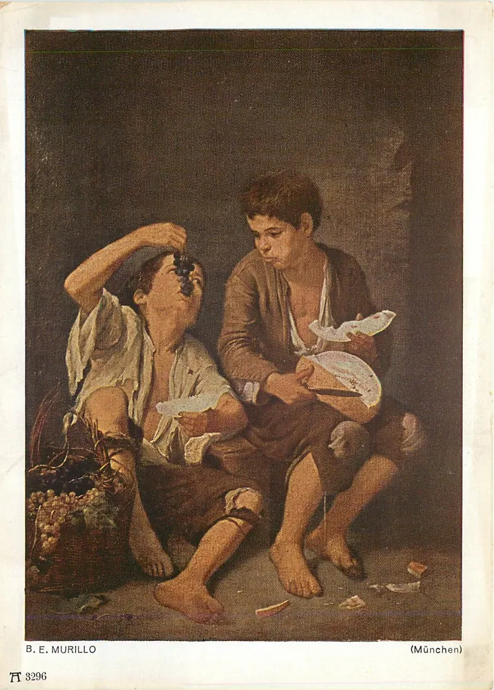 Dwa dzieci jadące winogrona — reprodukcja dzieła B. E. Murillo — wydawca F. A. Ackermann, Monachium, nr 3296 - Awers