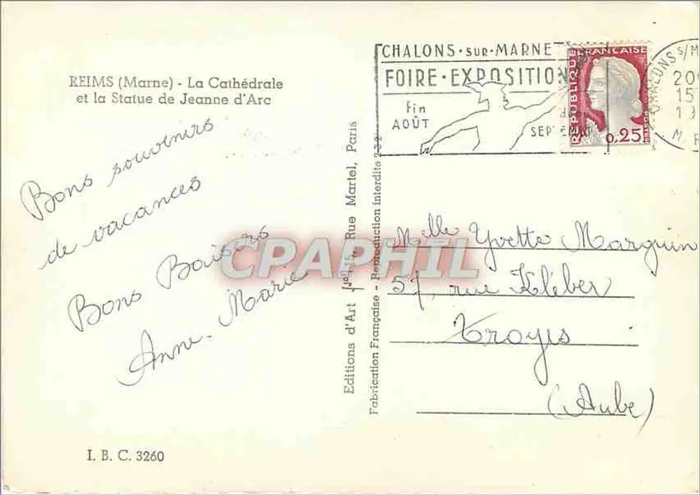 Reims (Marne) - La Cathédrale et la Statue de Jeanne d'Arc — Éditions d'Art, Paris, n° I.B.C. 3260 - Verso