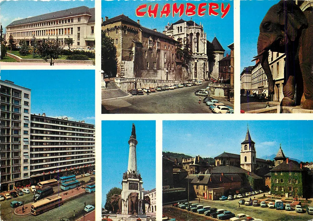 Chambery — vista panorâmica com edifício, catedral, estátua de elefante e monumento — Édition de l'Économie - Bron (Rhône) - Frente