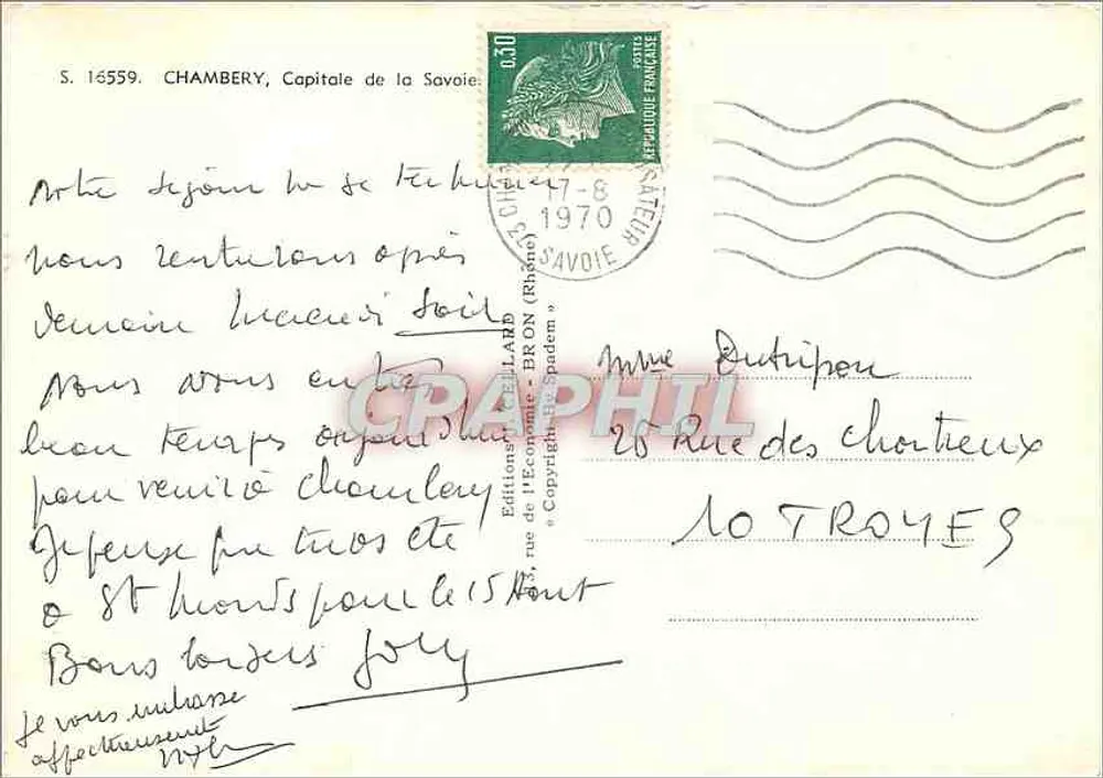 Chambery — vista panorâmica com edifício, catedral, estátua de elefante e monumento — Édition de l'Économie - Bron (Rhône) - Verso
