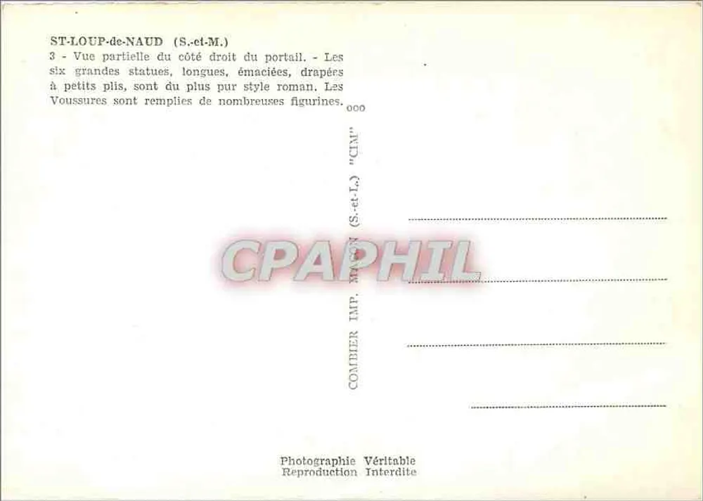 St-Loup-de-Naud — Teilansicht der rechten Seite des Portals — Verlag Combiér, Nr. 000 - Rückseite