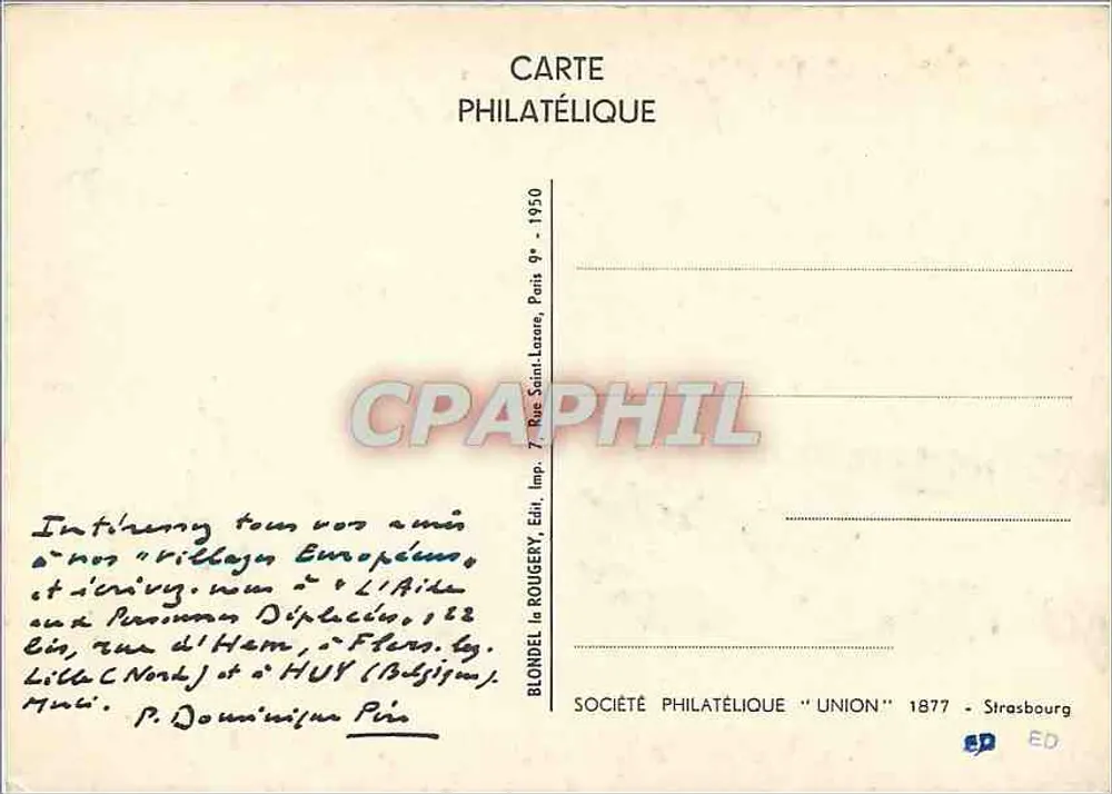 यूरोपीय गांव — लोगों के लिए सहायता — फिलेटेलिक सोसाइटी 'यूनियन' 1877, स्ट्रासबर्ग - पीछे