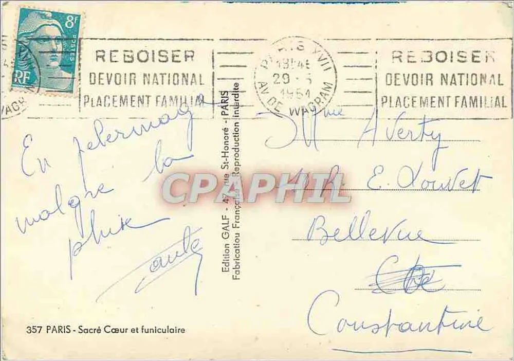 Sacré-Cœur de Montmartre — vista com o funicular — Edição GALF, n° 357 - Verso