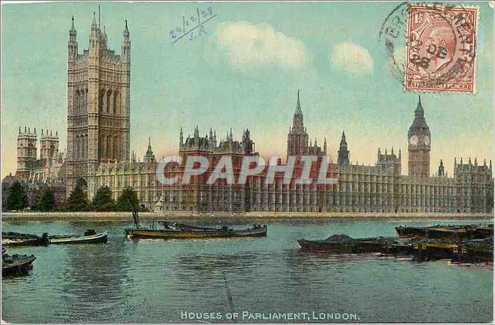 Casas do Parlamento; Londres — vista do Parlamento e de Big Ben — editor não visível - Frente