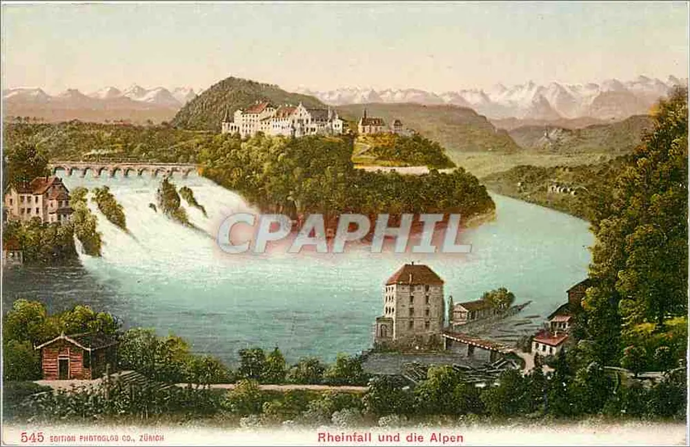 Rheinfall e as Alpes — vista do rio Reno e das Alpes — Edição Photoglog Co., Zurique, n° 545 - Frente